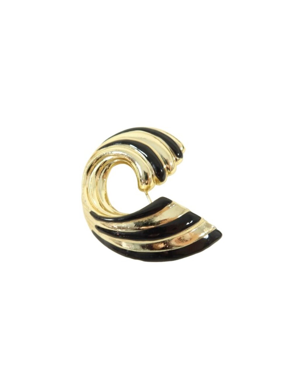 Vintage Gold Tone Black Enamel Swirl Wave Swoosh Brooch Unsigned Art Deco 1.75"